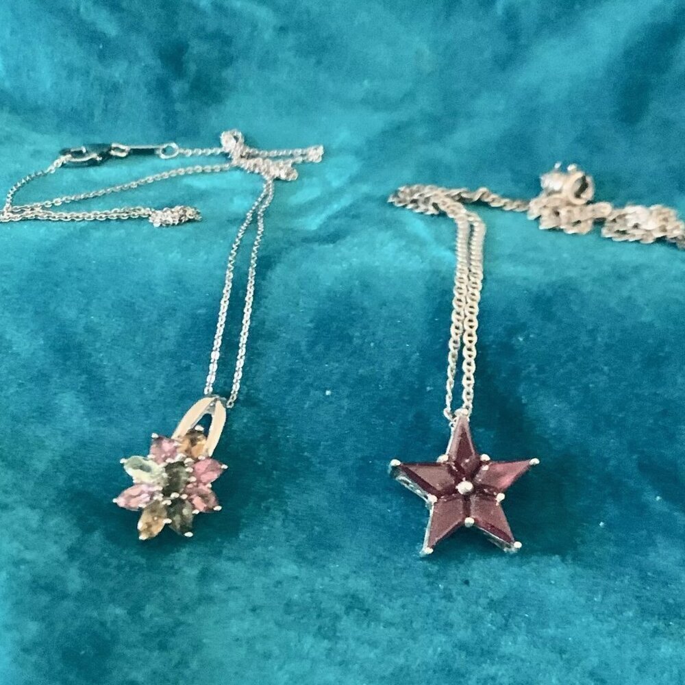 2 sterling silver Star necklaces - fine silver chains - colored crystal pendants